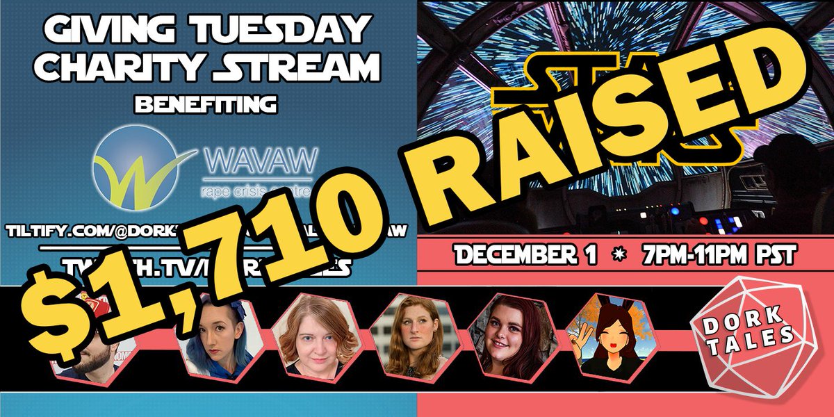 So proud that last night's charity stream raised $855 for @wavawrcc! With our #GivingTuesday2020 partnership, that's $1,710 for #survivors! 

Everyone at twitch.tv/dorktales is humbled by our friends. You lovely dorks

#twitch #pbta #dorktales #starwars #charity #ThankYou