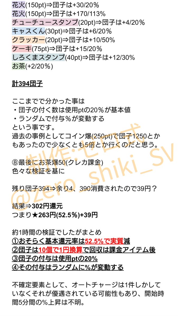 ☆団子導入後のお茶爆還元率の検証 ・前提知識 お茶爆はツイキャスにおける課金アイテムでいわゆる投げ銭。 それは7割還元だった(らしい) 例  500円分⇒350円 ただし配信時間によって変動する説があった。 課金したら有料PTから先に使われる仕様なので、有料分内での計算が ...