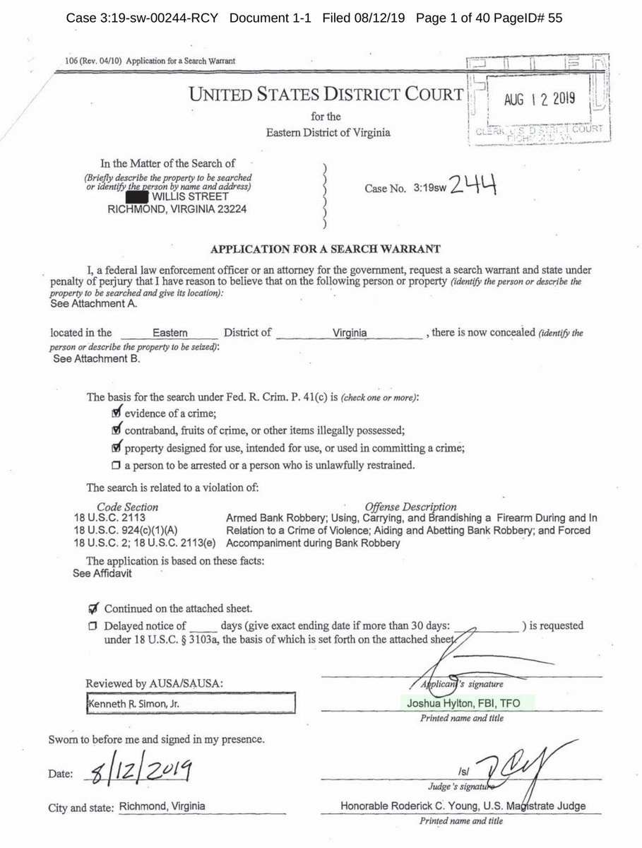 It actually occurred to me that I actually never tweeted out the various search warrantsUSAv. Willis StreetCase No: 3:19-sw-00244to be clear I am NOT defending ChatrieThis is about GeoFence Warrants & Civil Rights https://ecf.vaed.uscourts.gov/doc1/189110158624