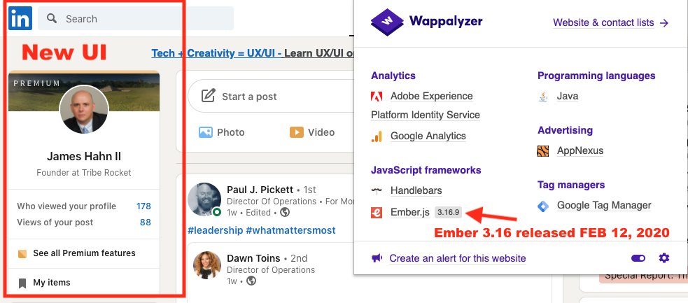 JamesHahnII's tweet photo. Love to track @emberjs versions as updates come across @LinkedIn. Then marvel at how one of the busiest sites on the internet can roll an update mid-afternoon no problem. Speaks to the brilliance behind "convention over configuration" and the genius of the #emberjs community! https://t.co/eWFdiTZcnH