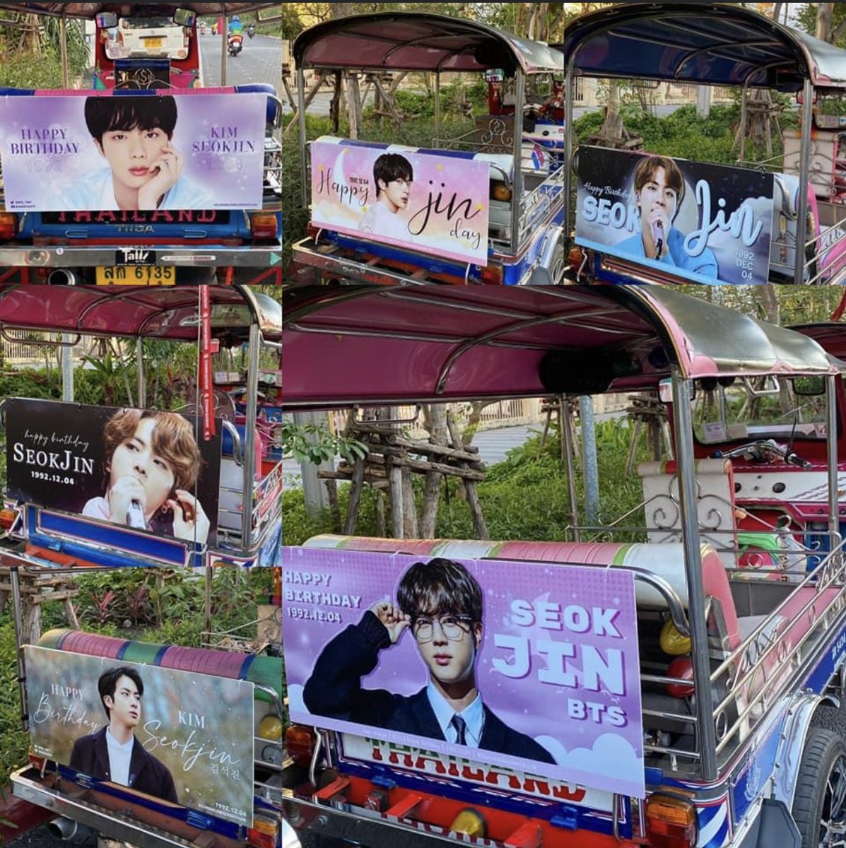 RJtheOGalpaca's tweet photo. Love how Thai army didn’t want to give money to their military government by buying billboards for Seokjin’s birthday so they paid local Tuk Tuk drivers instead. #Seokjin #Jin #ThaiArmy #BTS @BTS_twt 
📷 @.nuna_vmin on fb https://t.co/nTmcYj8OKI