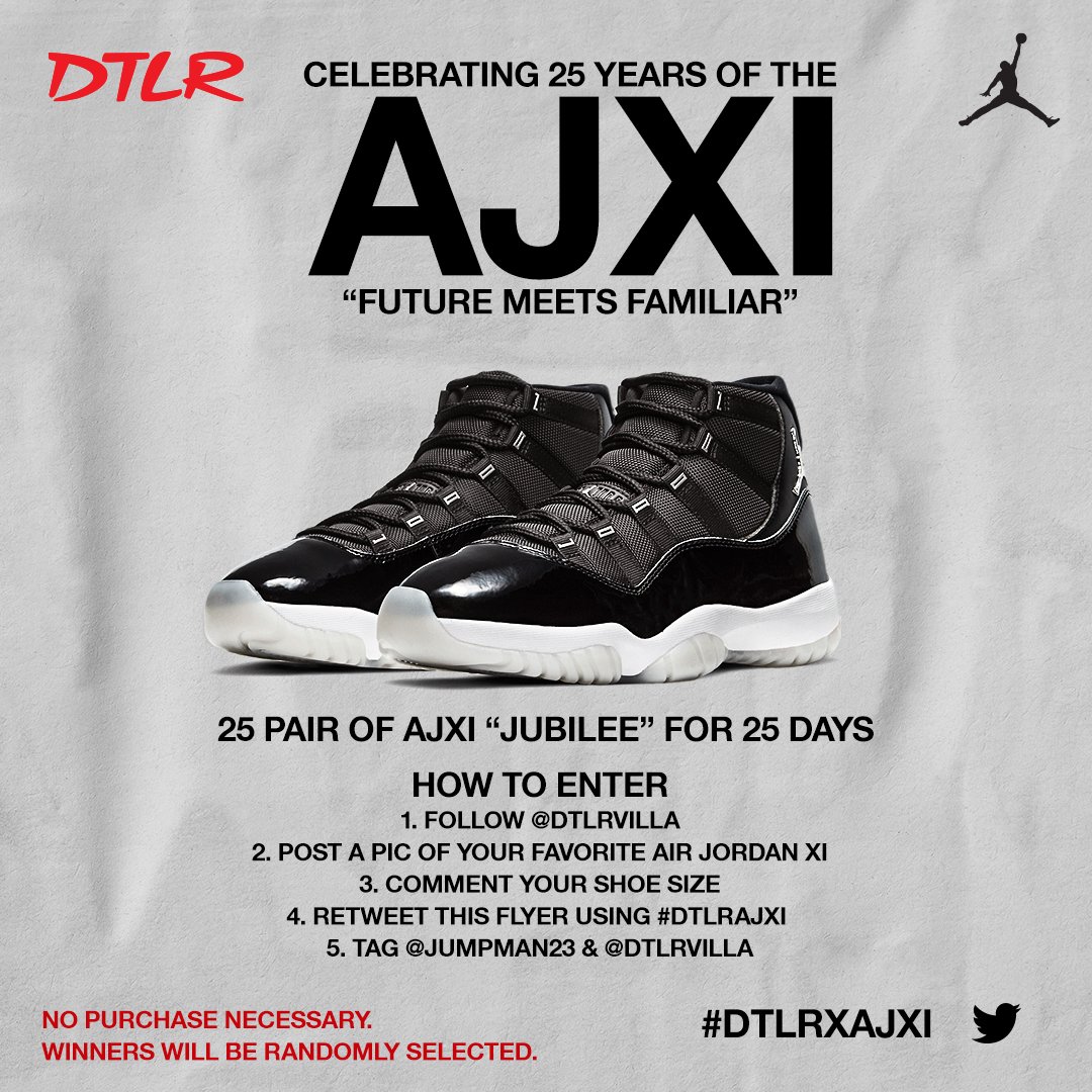 DTLRVILLA's tweet image. 🎅🏾  We're giving away 25 pair of AJXI "Jubilee" 🏀 

ENTRY IS SIMPLE:
👉🏾 Follow @Jumpman23 and @dtlrvilla
👉🏾 RT this flyer using #DTLRxAJXI
👉🏾 Post a pic of ur favorite AJXI
👉🏾 Comment your shoe size

1 winner will be randomly slected tonight @ 10pm (ET)!

#DTLRBigChristmas
#DTLR