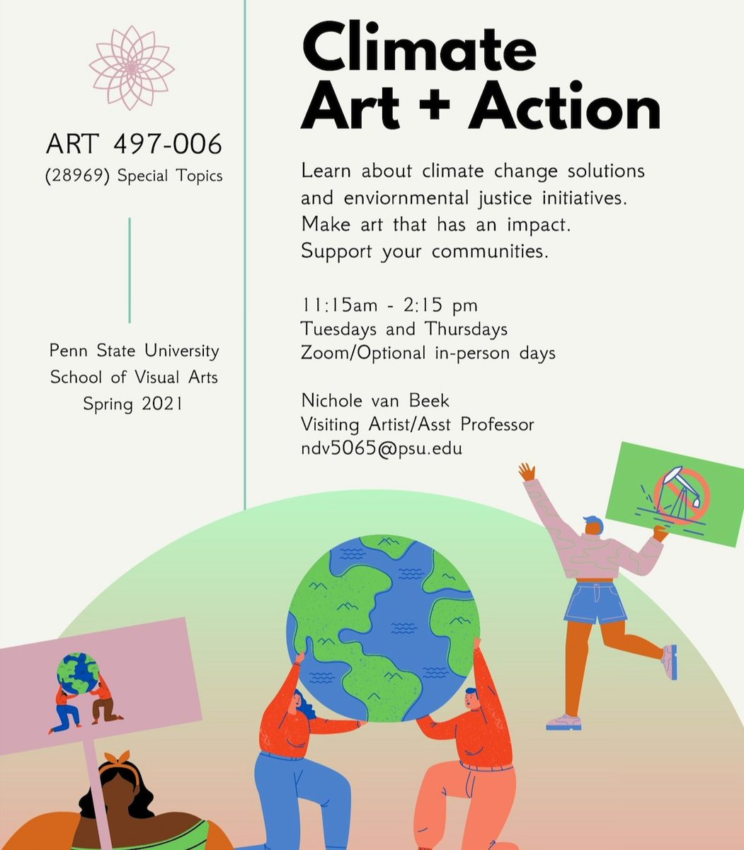 S3aSova's tweet photo. S3A Spring 2021 course
ART 497-006 Prof Nichole van Beek
Climate Art and Action

Students utilize their skills in the arts to better understand specific climate change problems and solutions.
Assignments include the development of visual artwork, signs, posters, and zines. https://t.co/KAMrP9PigH