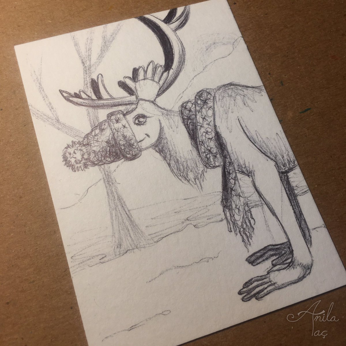 rtistanilatac's tweet photo. #Deercember 2: Knitted Accessories. It’s starting to get #cold and this #weird #deer wanted to keep his snoot warm and #cozy. 
Ballpoint pen, #noerasing 
#ArtistOnTwitter #aceo #sketch https://t.co/Mkn0Hwk6Z4