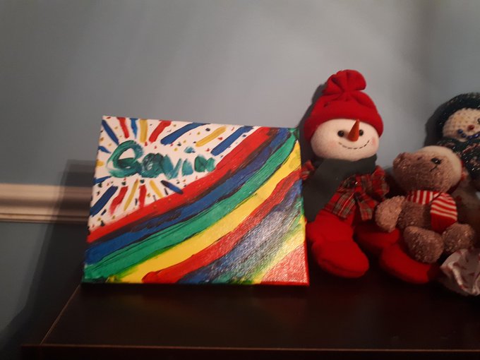 CaftanWoman's tweet photo. Our boy's lovely support worker brought us a recent art project. So thoughtful. (Actually, he is a young man, but he's still our boy.)
#CommunityLivingToronto #SpecialNeeds https://t.co/eNWbPsQFbt