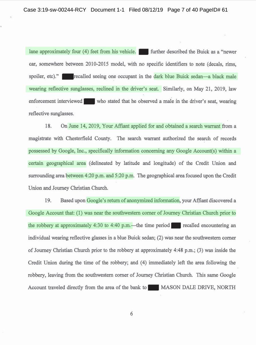 Again I am in no way defending Chatrie. But I do think it’s important to read the various search warrants.Case No: 3:19-sw-00244I went ahead & uploaded the 40 page Affidavit to a public driveSee paragraphs 20-29 https://drive.google.com/file/d/1U7_JN0Otu6otbPBDGvwbMtcHrqrx8-dn/view?usp=drivesdkFollow along if interested