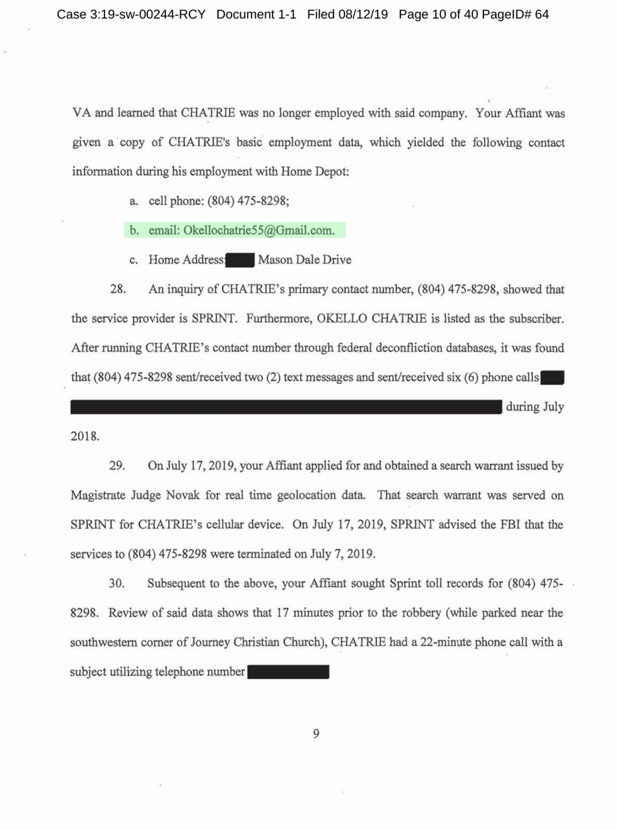 Again I am in no way defending Chatrie. But I do think it’s important to read the various search warrants.Case No: 3:19-sw-00244I went ahead & uploaded the 40 page Affidavit to a public driveSee paragraphs 20-29 https://drive.google.com/file/d/1U7_JN0Otu6otbPBDGvwbMtcHrqrx8-dn/view?usp=drivesdkFollow along if interested