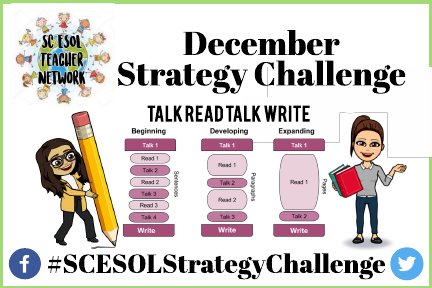 SC_MLE's tweet photo. The #SCESOLStrategyChallenge for December is here! Talk Read Talk Write, developed by @nancymotleyTRTW, is easy to plan, engaging, interactive, & covers all 4 domains. Good for K-12, face-to-face, or virtual. Read @TanKHuynh's article about it here:
https://t.co/poQbcOApNP https://t.co/SQWljCsNrD