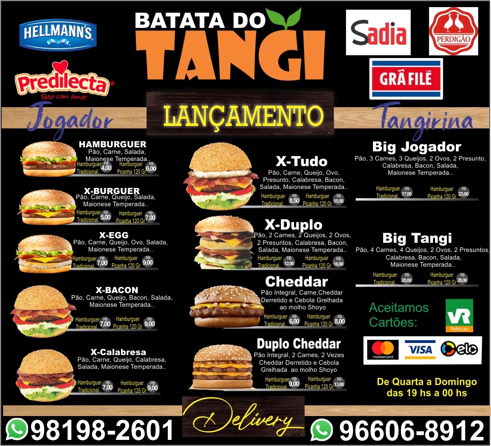Tangibatatas's tweet photo. Promoções de hambúrgueres🍔😋
3 cheddar por 15$
3 x- egg por 20$
3 x- calabresa por 20$
3 x- bacon por 20$
96606-8912 https://t.co/2HFYsWcJRl