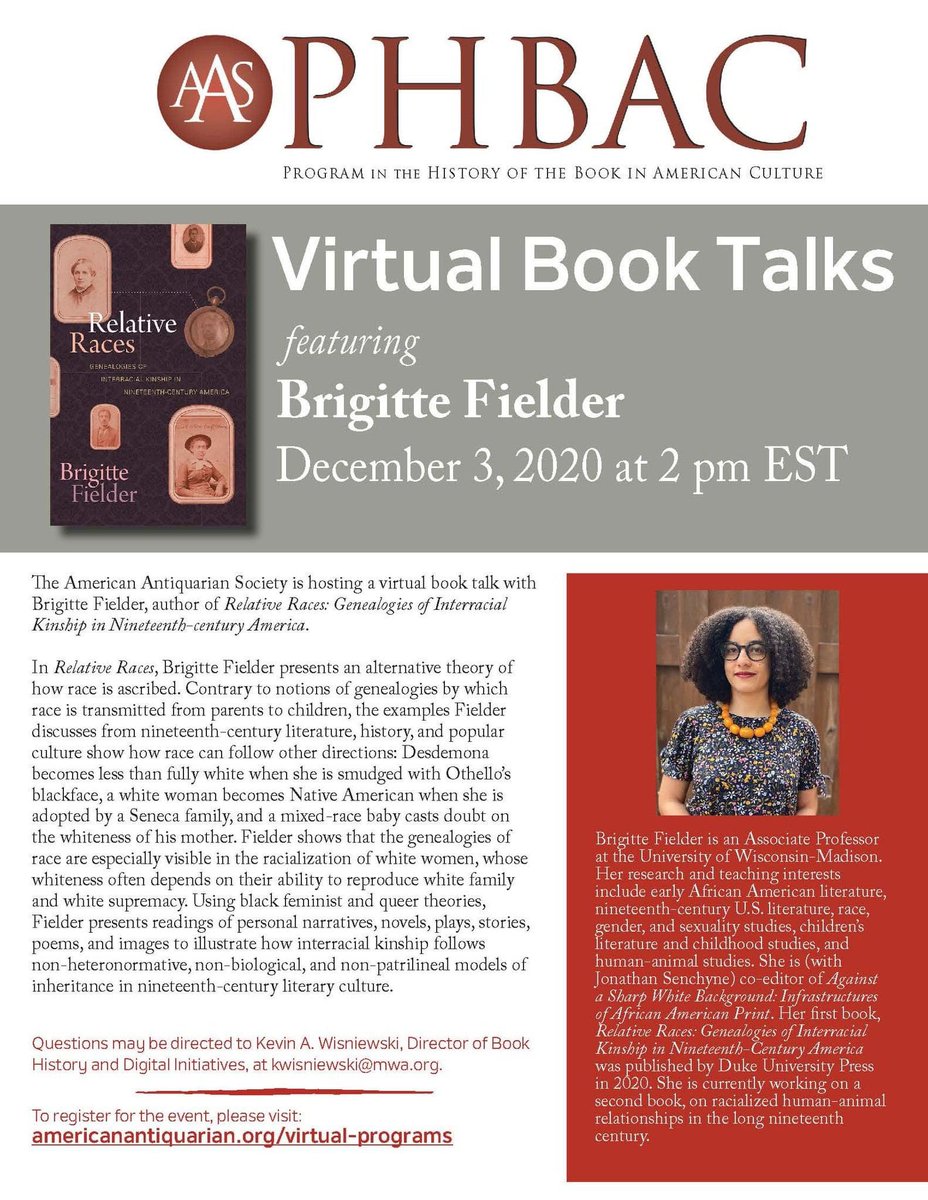 Join me tomorrow (Thurs, 12/3) in hearing Dr. @BrigField discuss her new book, RELATIVE RACES!!! 2 pm Eastern/1pm Central, hosted by #PHBAC @DukePress 
Register here to get the zoom link:
americanantiquarian.org/virtual-book-t…