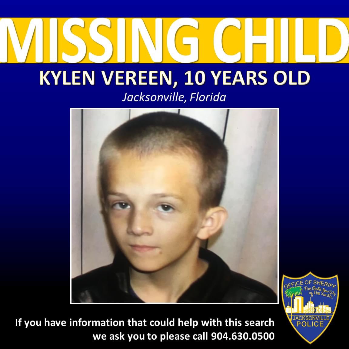 PLEASE RT - MISSING CHILD 10 year old Kylen Vereen is missing from #Jacksonville. He was last seen around 12:30pm in the area of 10500 Conrad Drive. Call #JSO at 904-630-0500 with information regarding his location.