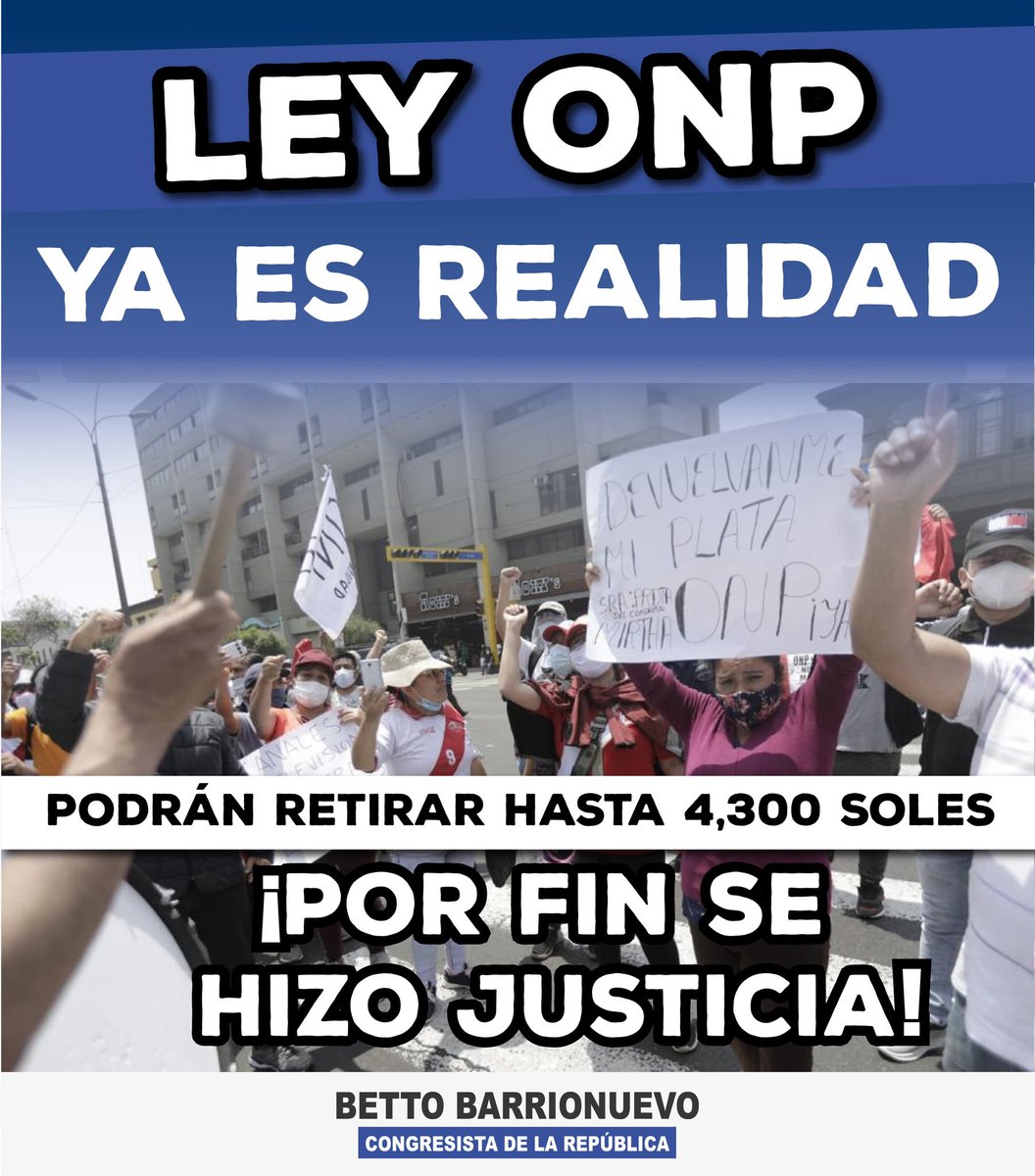 BettoPorAncash's tweet photo. 📣 Aprobamos proyecto de ley que permitirá el retiro de aportes a los afiliados de la ONP. ¡Sí se pudo! 💪
Ahora, las grandes empresas tendrán que devolverles, les guste o no, su dinero a mis hermanos de la ONP.
#ONPINSISTENCIA
#ONPDignidad
#ONPNUNCAMAS https://t.co/ELg8h3TWGe