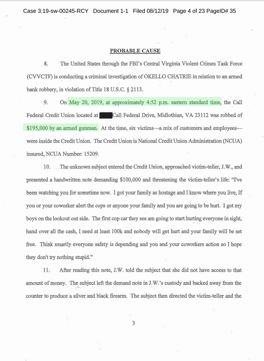 this is the SW for Chatrie’s carAgain I’m not defending him or his actions.It is important that you read the underlying docs, LE didn’t have an ID - geofence warrant to comeUSAv. Buick Lacrosse 2010 VIN: x1064, VA: xxx-9548 Case No 3:19-sw-00245 https://ecf.vaed.uscourts.gov/doc1/189110158876