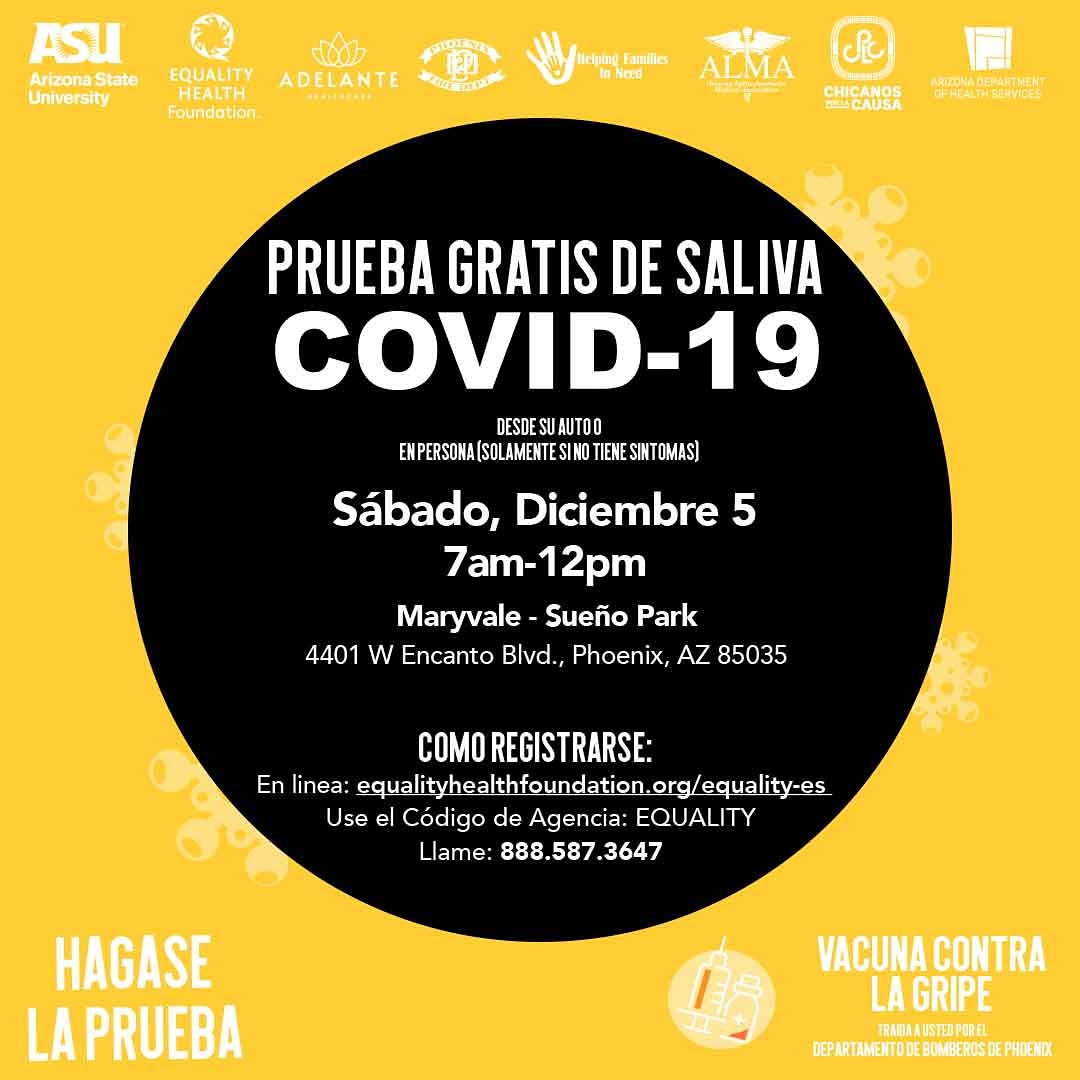 Pruebas de COVID-19 gratis.. Dic 5 de 7am a 12pm en Phoenix.
Aumentan los casos de COVID-19.
Por carro o caminando. Traiga a amigos, familiares, niños hasta de 5 años.
Regístrese ahora: bit.ly/3m2Djdx o llame al 888.587.3647
#COVID19  #STAYATHOME #StayHealthy  #Arizona