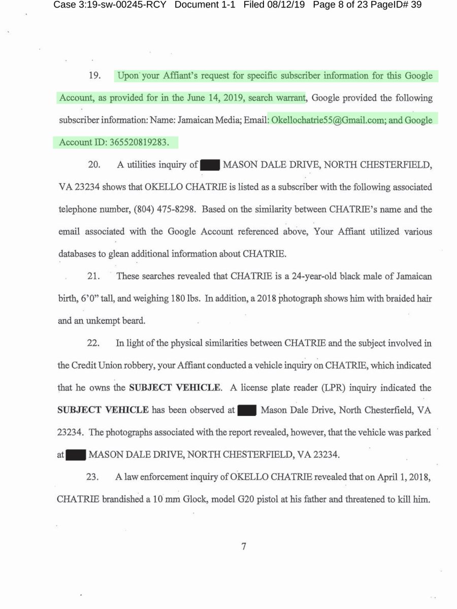 I’m tweeting the warrants in chronological order because continuity matters as does context & content.Again this is a case of “First Impression“ and it’s a pretty damn important case re GeoFence warrants Aug 2019 SW for his car to a public drive https://drive.google.com/file/d/1ZVk0LUKZ-VnU4sxmek0J_tMcIeH17fvO/view?usp=drivesdk