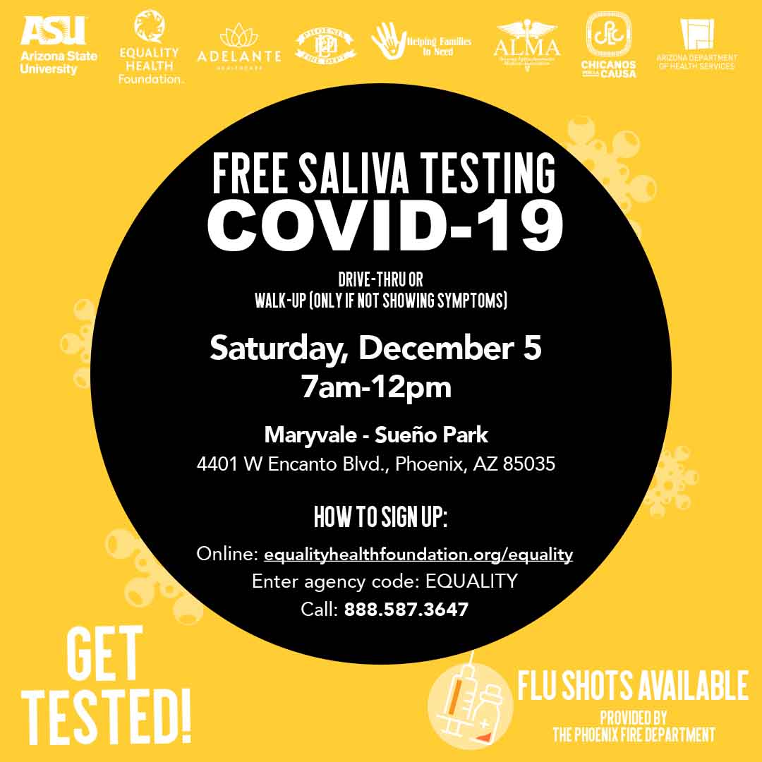 Free COVID-19 testing .. Dec 5 from 7am to 12pm in Phoenix
COVID-19. We partner with Arizona State University to provide FREE COVID-19 saliva testing, Phoenix. Bring your friends, family, children from 5 years
 Register now: bit.ly/3m2Djdx or call 888.587.3647
#COVID19