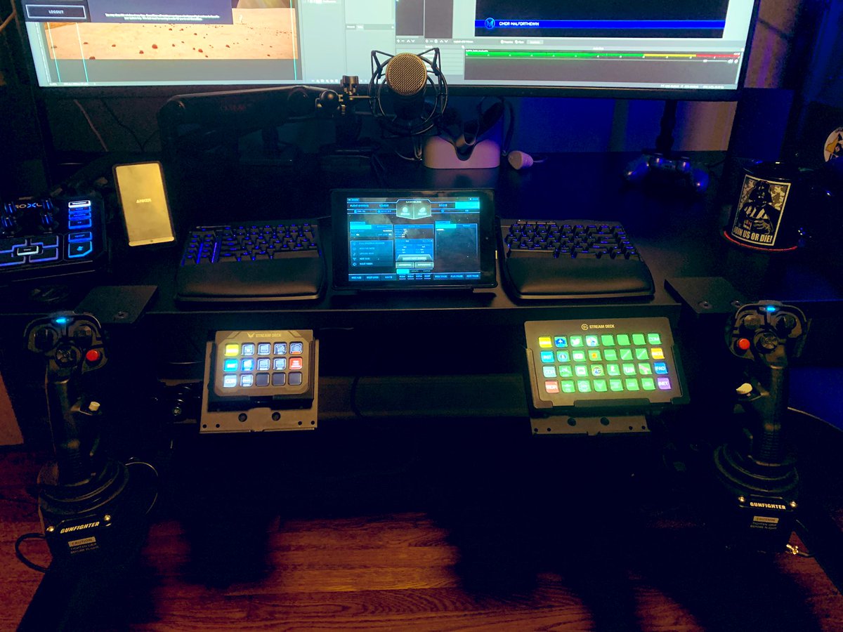 MalForTheWin's tweet photo. Wanted to give a couple of shout outs on the new setup. Dual SCG sticks from @flightsimcon (VKB) on @MNSTRTECH mounts are the flight control centerpieces. The mounts also support dual @elgato #StreamDecks, critical for stream control, all at my fingertips. https://t.co/DQHxPqERji