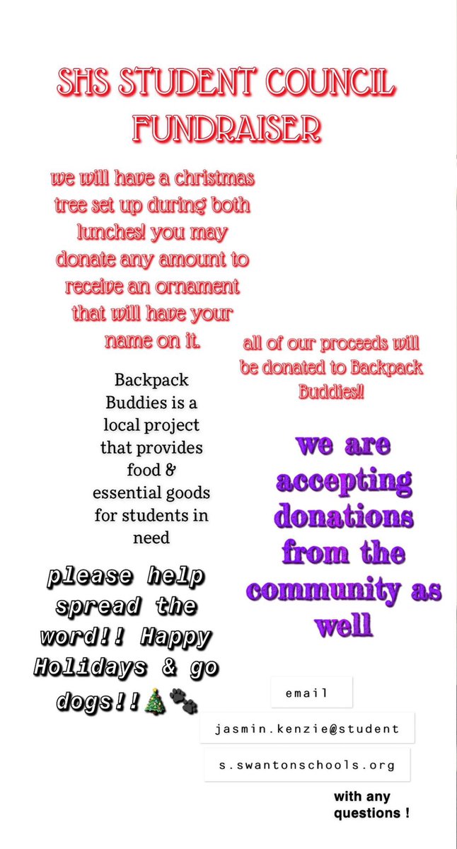 Swantonhssc's tweet photo. We will be starting our Winter fundraiser of the year tomorrow &amp; it will run until December 16th. All students, staff, and community members are welcome to donate. Anyone who donates will get an ornament placed on our school’s Christmas Tree that has their name or business on it. https://t.co/KYTeX0wp9X