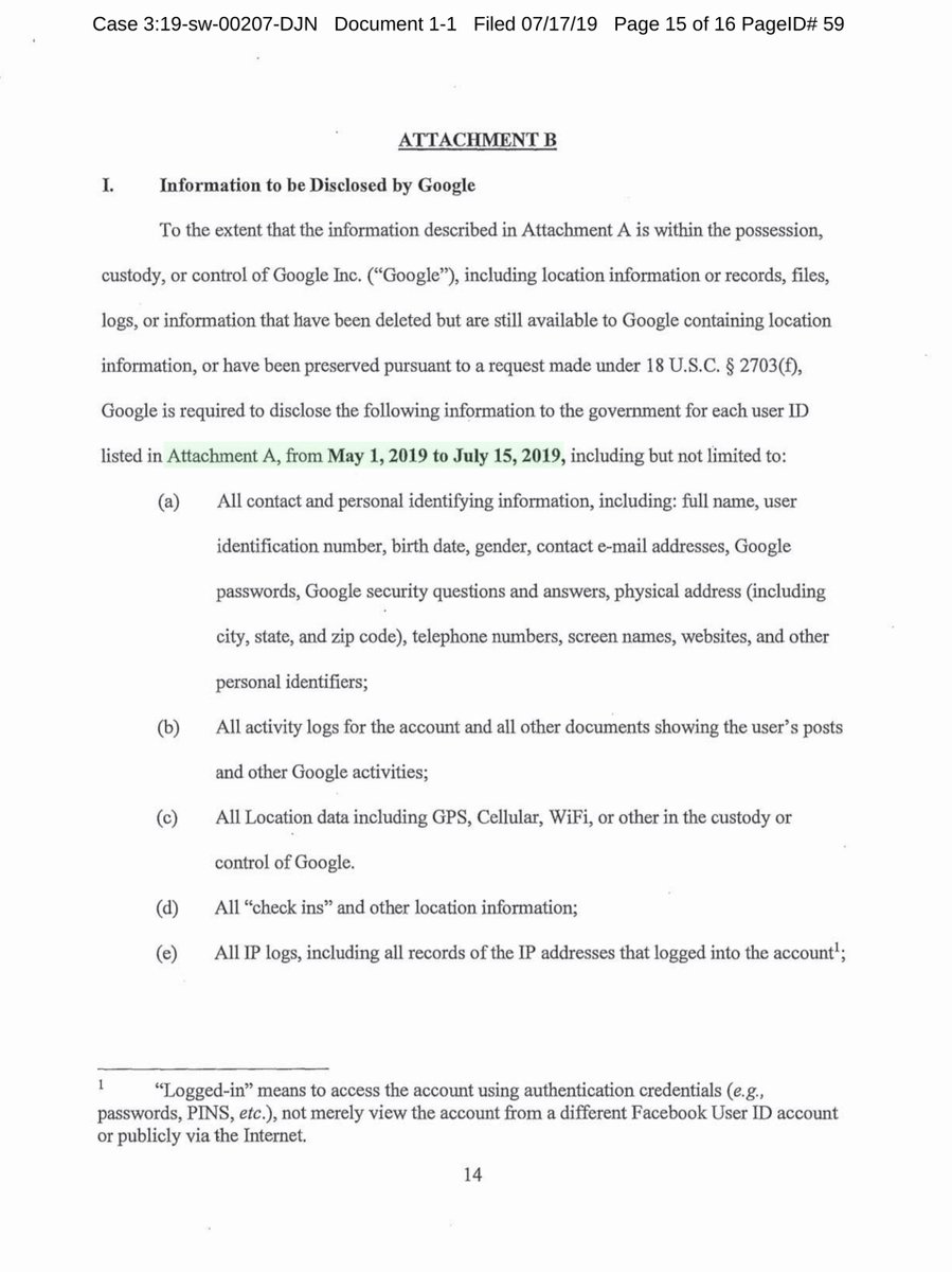 Of the 3 search warrants IMO this one is the most important, specifically pages 10 et seq because as you’ll note the Government requested Google’s GeoFencing Data (see next tweet & why that’s important)I uploaded the Google warrant to a public drive https://drive.google.com/file/d/1qR_MUcARCNI0RgLZNUJZ_AfPS5UqRZKM/view?usp=drivesdk