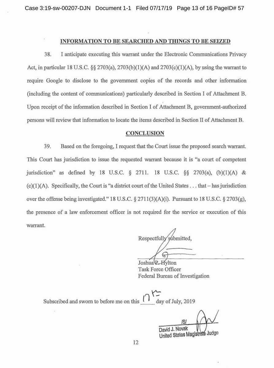 Of the 3 search warrants IMO this one is the most important, specifically pages 10 et seq because as you’ll note the Government requested Google’s GeoFencing Data (see next tweet & why that’s important)I uploaded the Google warrant to a public drive https://drive.google.com/file/d/1qR_MUcARCNI0RgLZNUJZ_AfPS5UqRZKM/view?usp=drivesdk
