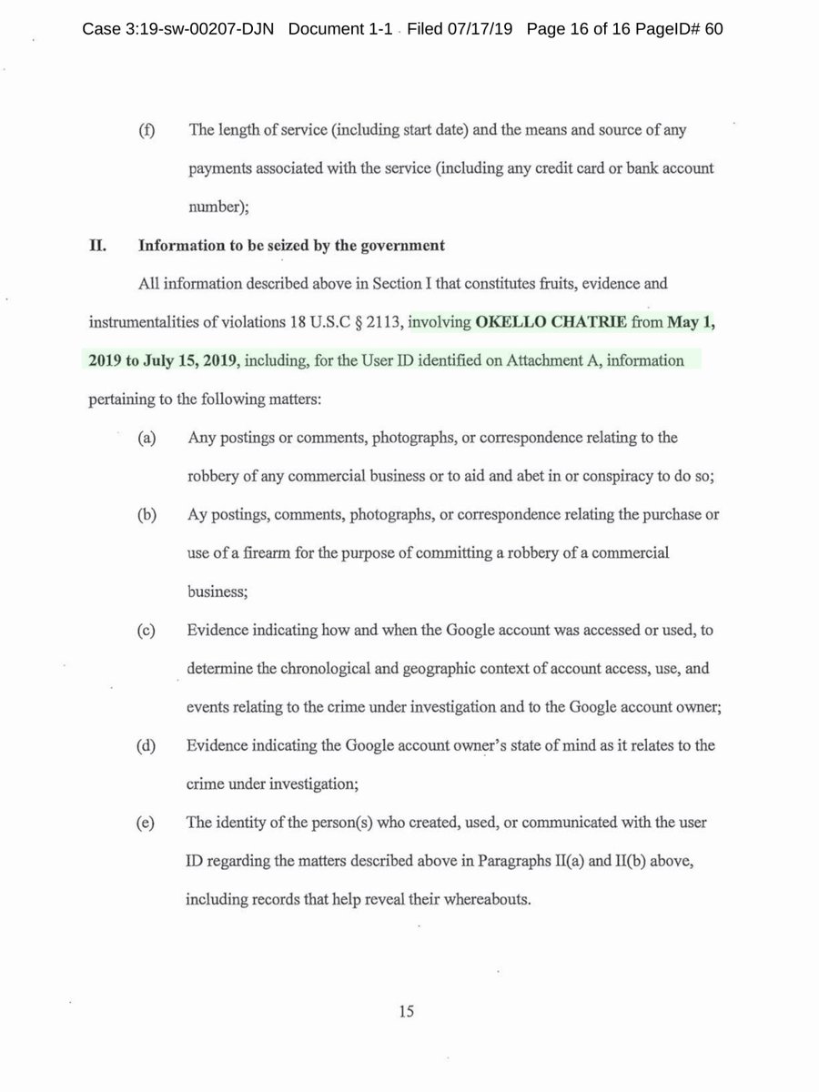 Of the 3 search warrants IMO this one is the most important, specifically pages 10 et seq because as you’ll note the Government requested Google’s GeoFencing Data (see next tweet & why that’s important)I uploaded the Google warrant to a public drive https://drive.google.com/file/d/1qR_MUcARCNI0RgLZNUJZ_AfPS5UqRZKM/view?usp=drivesdk