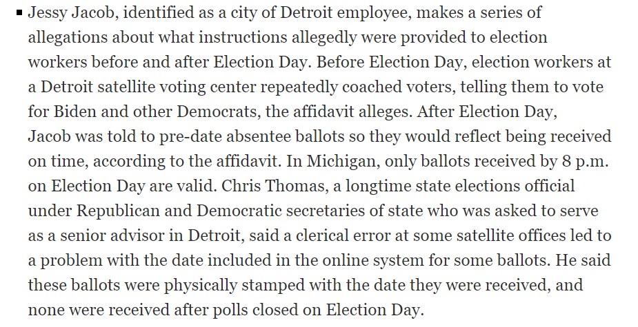 Here's our review of Jacob's affidavit. It's worth noting election officials say Jacob, and many others, don't quite understand what they saw.  https://www.freep.com/story/news/politics/elections/2020/11/09/detroit-lawsuit-misconduct-elections/6218612002/