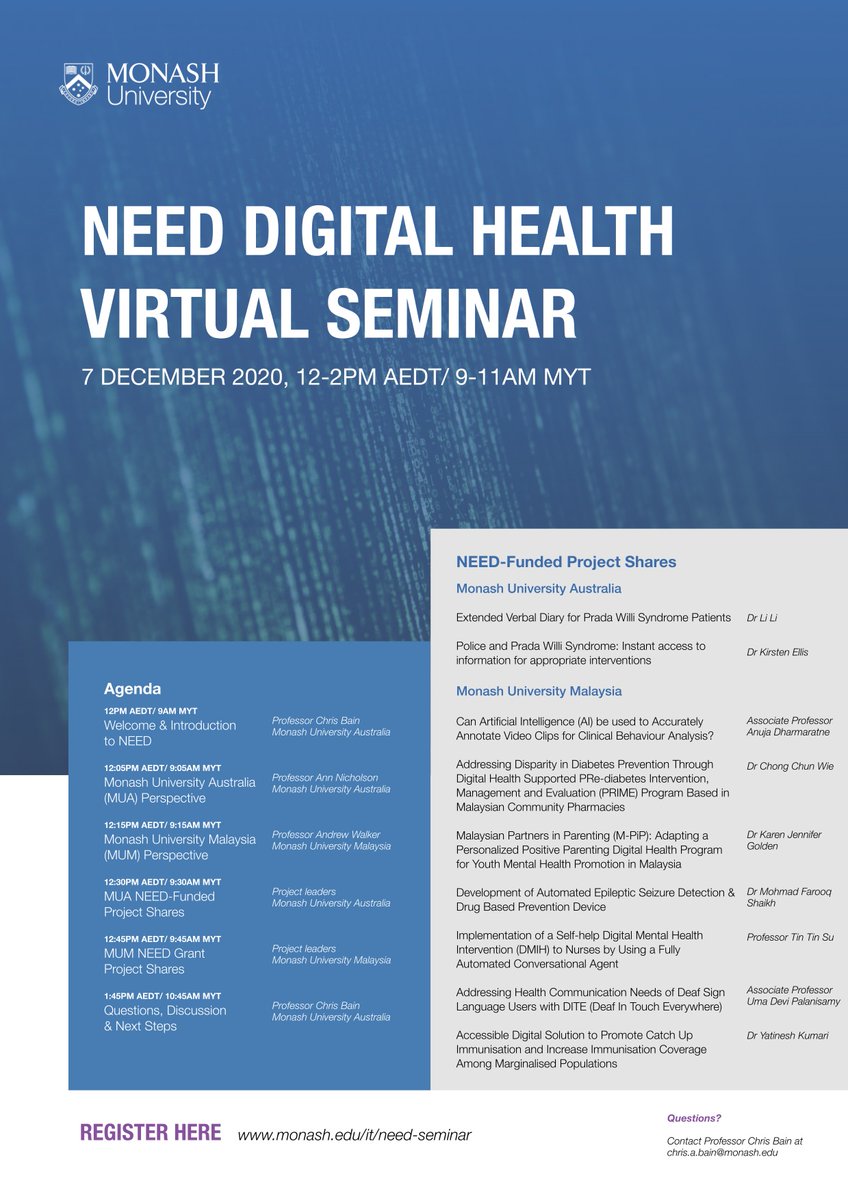 Please join us for our inaugural NEED seminar, this upcoming Monday, Dec 7th from 12-2pm AEDT. Researchers will share updates on their NEED-funded projects, focused on advancing equity through digital health. Register at monash.edu/it/need-seminar