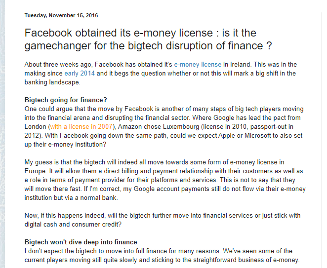 For Facebook the play officially started in 2016 with their e-money license in the EU. My hunch was they were not there to displace banks (due to regulatory burden and image positioning) and would move slowly https://moneyandpayments.simonl.org/2016/11/facebook-obtained-its-e-money-license.html