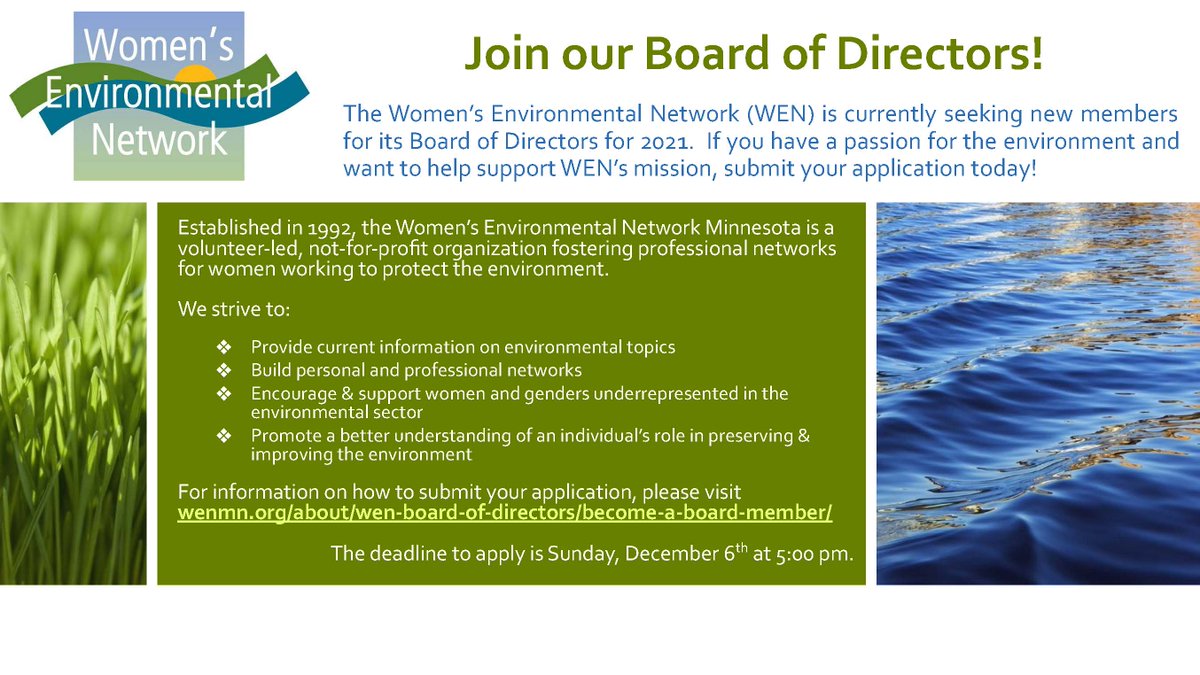 wenmnnetwork's tweet image. The Women's Environmental Network of MN has decided to extend the board member application deadline to December 6th @5PM. We've had a great response thus far, but wanted to give folks who are still coming out of a turkey fog a few more days to respond. wenmn.org/about/wen-boar…