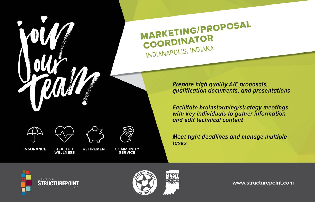 AmericanStrpnt's tweet photo. American Structurepoint is looking for an energetic, creative, and detail-oriented marketing/proposal coordinator to join our industry-leading marketing communications team! View the full job listing and apply for the position here: https://t.co/GwQ7UR0zqo

#hiring #nowhiring https://t.co/23Np5iqbMl