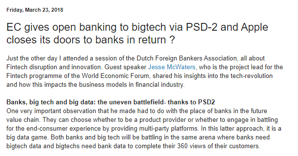 We are indeed witnessing a war between bigtech and banks on payments. Due to the shortsightedness of the EU Commission, the EU players are disadvantaged as they were forced to open up their systems and need to comply with stark competition rules. https://moneyandpayments.simonl.org/2018/03/ec-gives-open-banking-to-bigtech-via.html