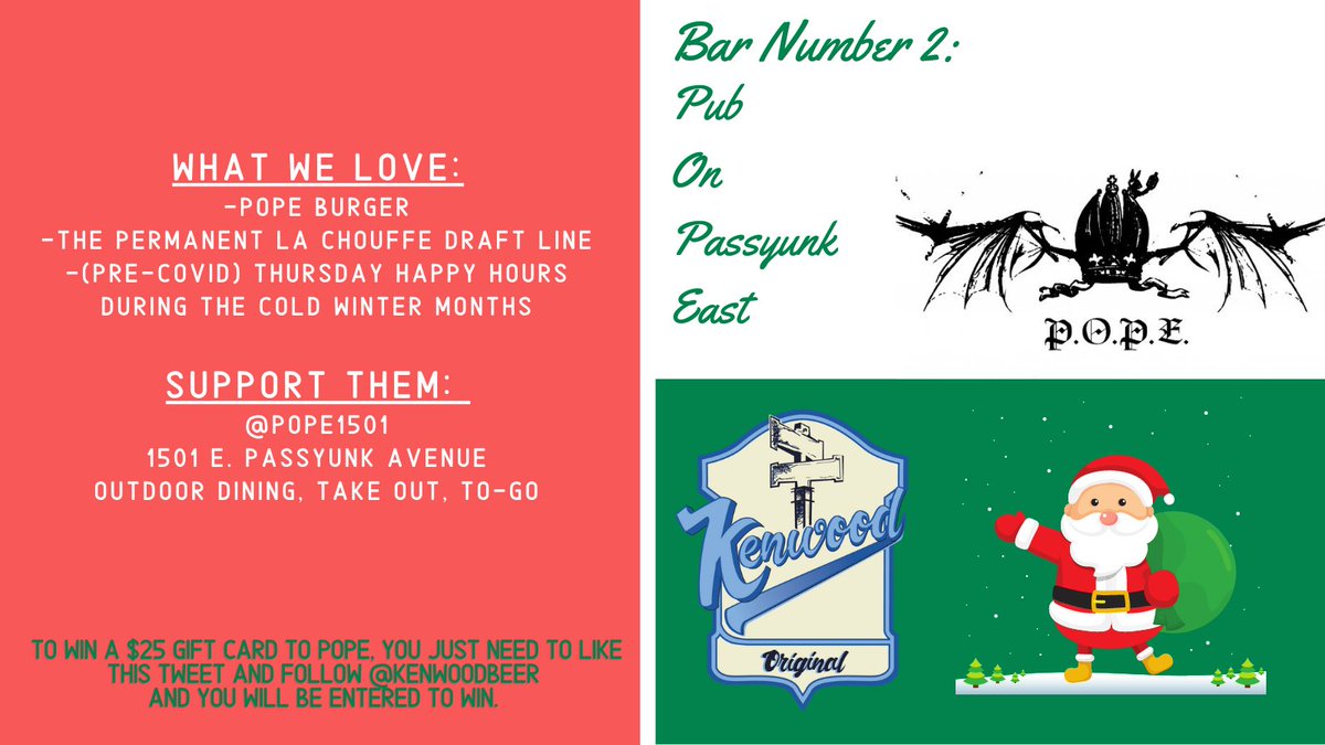 December 2nd: Nothing quite like finishing a work day at <a href="/pope1501/">Pub On Passyunk East</a>.
Same deal. $25 gift card to POPE up for grabs. Like the tweet, and follow us and you are entered to win.
#kenwood25daysofphillybars
#25daysofphillybars
#Philadelphia 
#SupportSmallBusinesses