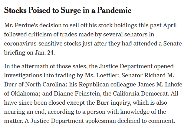 Perdue purchased up to $260K worth of Pfizer stock between Feb. 26 & Feb. 28. On the 28th, he issued a news release reporting that he had regularly attended briefings led by the coronavirus task force; records show that he had bought the 3rd tranche of Pfizer shares that same day