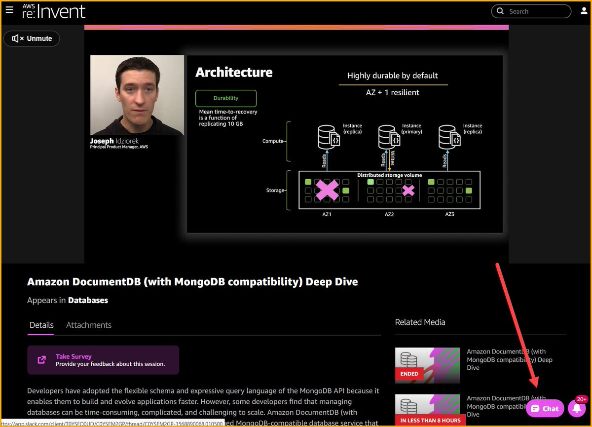An important note on the #AWS re:Invent sessions - if you have questions, click the Chat button at the bottom and an AWS Solution Architect (SA) will be more than happy to help. They are literally standing by and waiting for your questions!