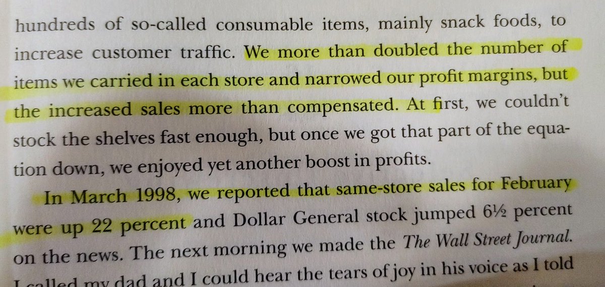 17/ After coming up w/ its first mission statement,  $DG had a 2nd big "aha!" moment in 1979: It could serve its customers better by focusing on lower margin core products than higher margin items that weren't as needed.Despite the lower margins, sales exploded and  $DG thrived.