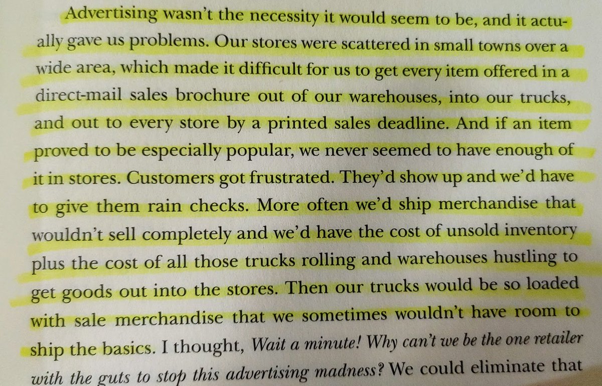 18/ Some other interesting thoughts from the book: Advertising was found to be a superfluous expense that actually contributed to problems (e.g. if a store was out of an advertised product, customers would leave mad).