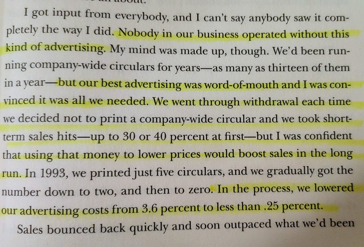 18/ Some other interesting thoughts from the book: Advertising was found to be a superfluous expense that actually contributed to problems (e.g. if a store was out of an advertised product, customers would leave mad).