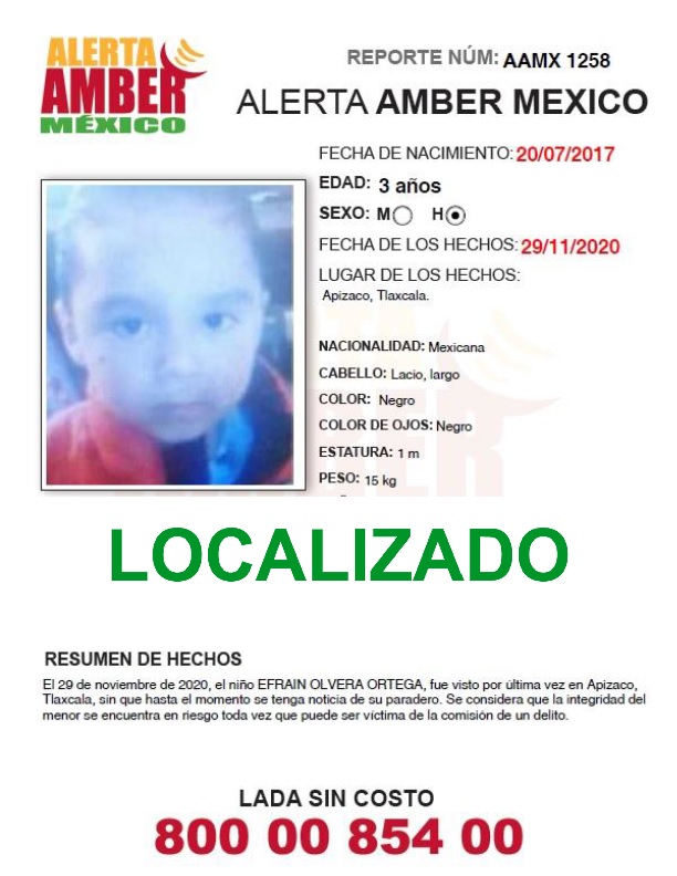 AAMBER_mx's tweet photo. La #AlertaAMBER para EFRAIN OLVERA ORTEGA, de 3 años, se desactiva debido a su localización. ¡Gracias por tu apoyo! https://t.co/kZ9Adcz4Gx