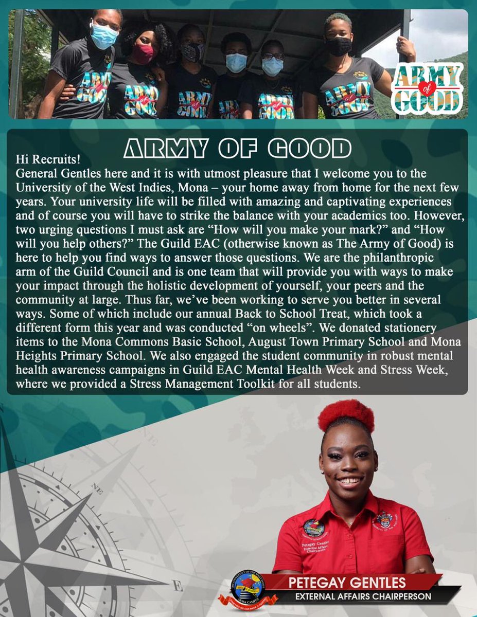 uwiguildeac's tweet photo. We were featured in @UWIMonaGuild The Compass - A Guide to First Year Students. Check out what our Chairperson @Petegay_Gentles had to say and stay tuned for all our upcoming initiatives!๐ช๐พ๐
#OneArmyNuffGood #GuildEAC2020 #ServiceCenteredLeadership https://t.co/t1Iwx2CanF