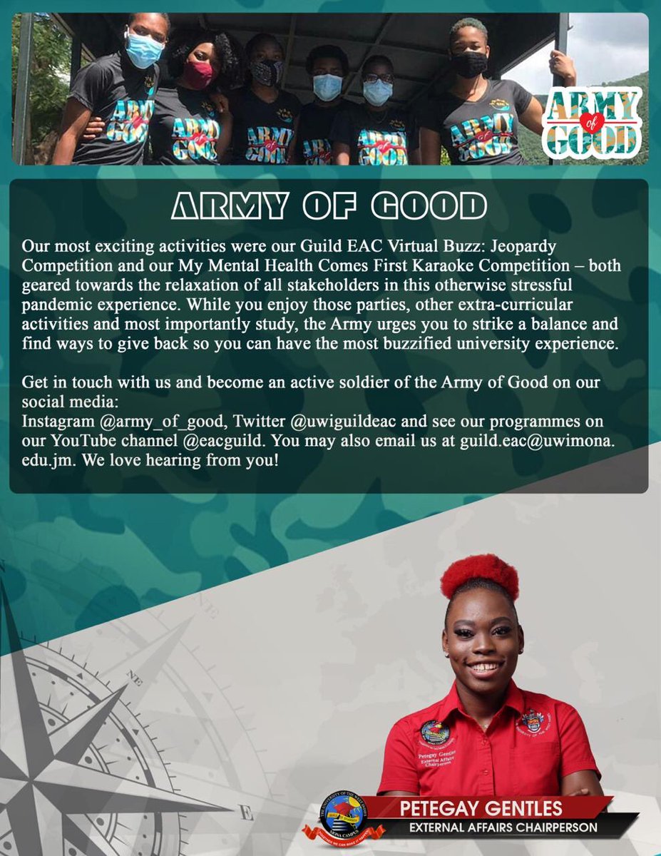 uwiguildeac's tweet photo. We were featured in @UWIMonaGuild The Compass - A Guide to First Year Students. Check out what our Chairperson @Petegay_Gentles had to say and stay tuned for all our upcoming initiatives!๐ช๐พ๐
#OneArmyNuffGood #GuildEAC2020 #ServiceCenteredLeadership https://t.co/t1Iwx2CanF