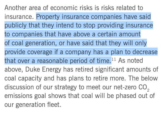 Major electric utilities have also acknowledged this trend.Duke Energy's climate report notes that "insurance companies have said publicly that they intend to stop providing insurance to companies that have above a certain amount of coal generation" https://www.duke-energy.com/_/media/pdfs/our-company/climate-report-2020.pdf?la=en