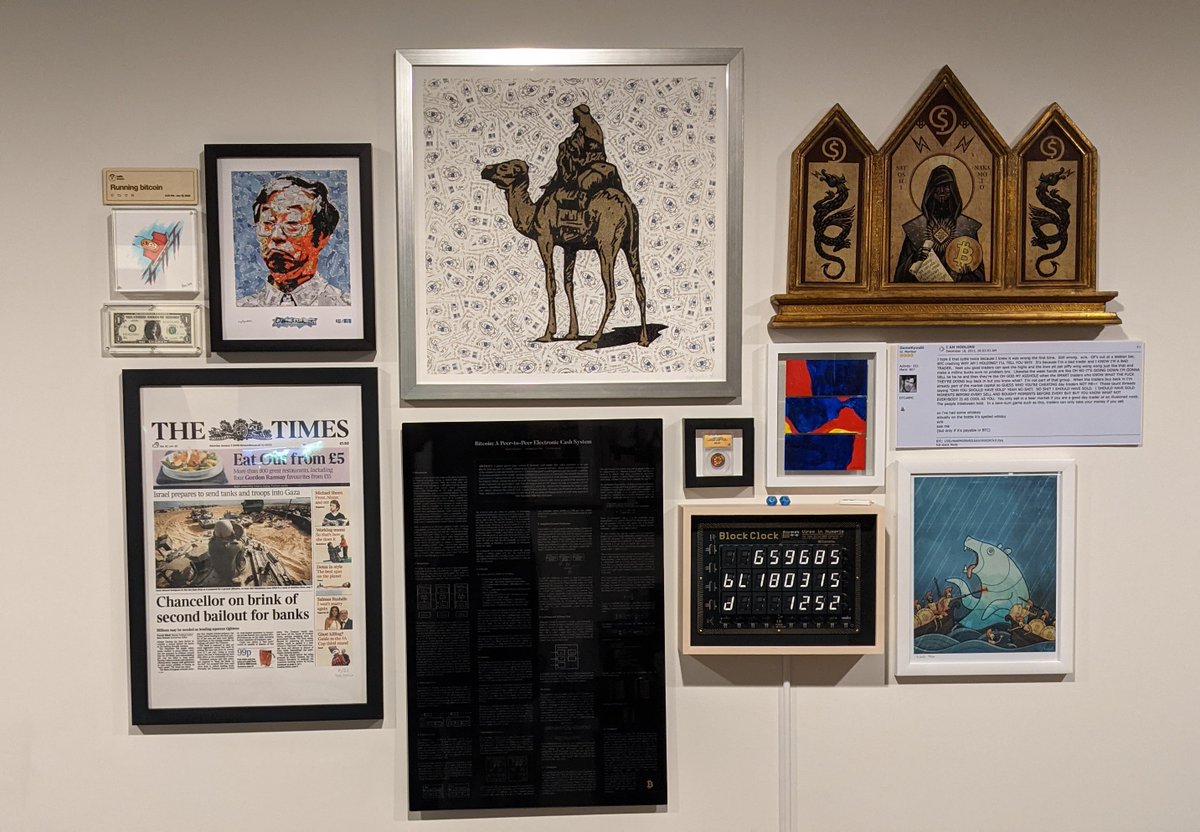 1/ The  #Bitcoin   art wall is complete!I feel lucky to have been involved with bitcoin for over 9 years, so I put this together to remind me of its rich history.Let's take a closer look at each individual piece -