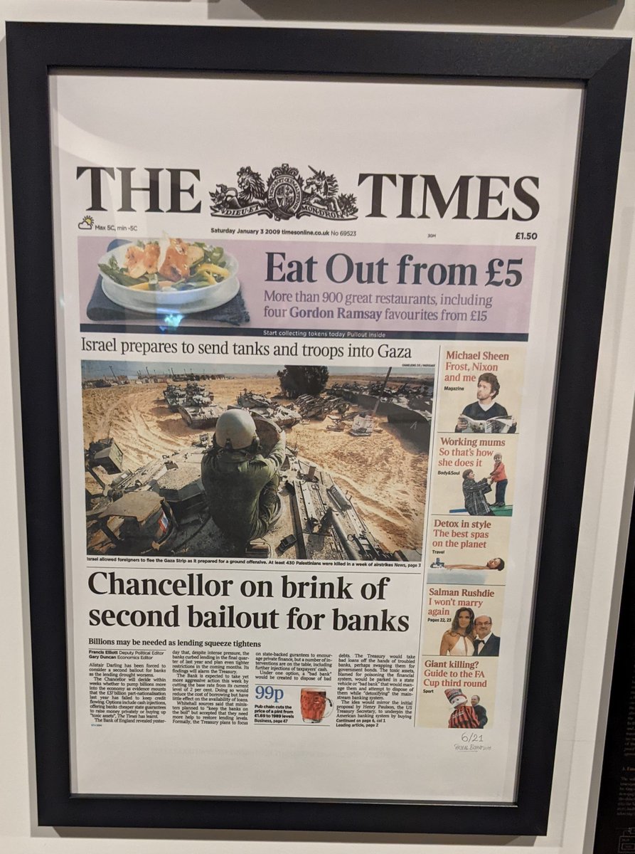 3/ A copy of The Times 03/Jan/2009, containing the famous quote immortalized within the  #bitcoin   genesis block.