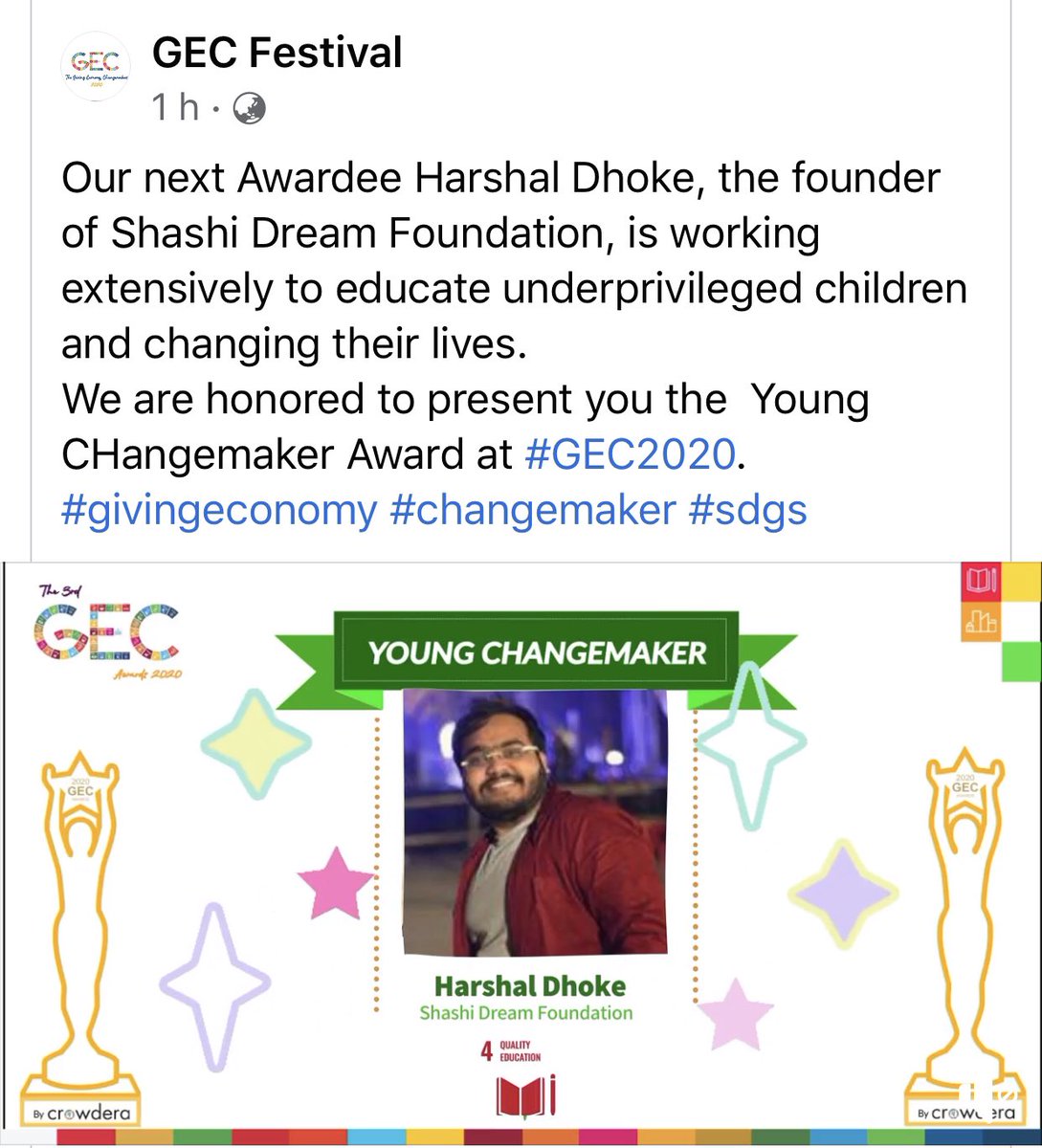 harshal_dhoke's tweet image. Honoured with Young Changemaker Award 2020 by GEC Summit 2020 #unsdgs #unsdg4 #givingeconomy #changemakers #SDGs