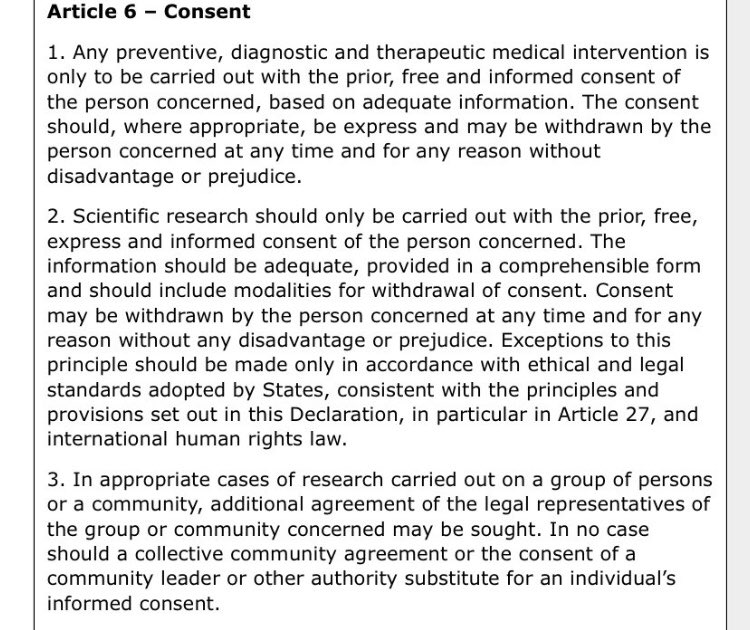 Article 6 - Consent - of the 2005 UNESCO declaration on Bioethics and Human Rights“This is inalienable & must not be pushed aside. It will not be.”~ Dr Mike Yeadon, Pfizer’s former head of respiratory research  https://twitter.com/michaelyeadon3/status/1334278786536386562?s=21 #vaxchoice  #vaccination  #covidThread