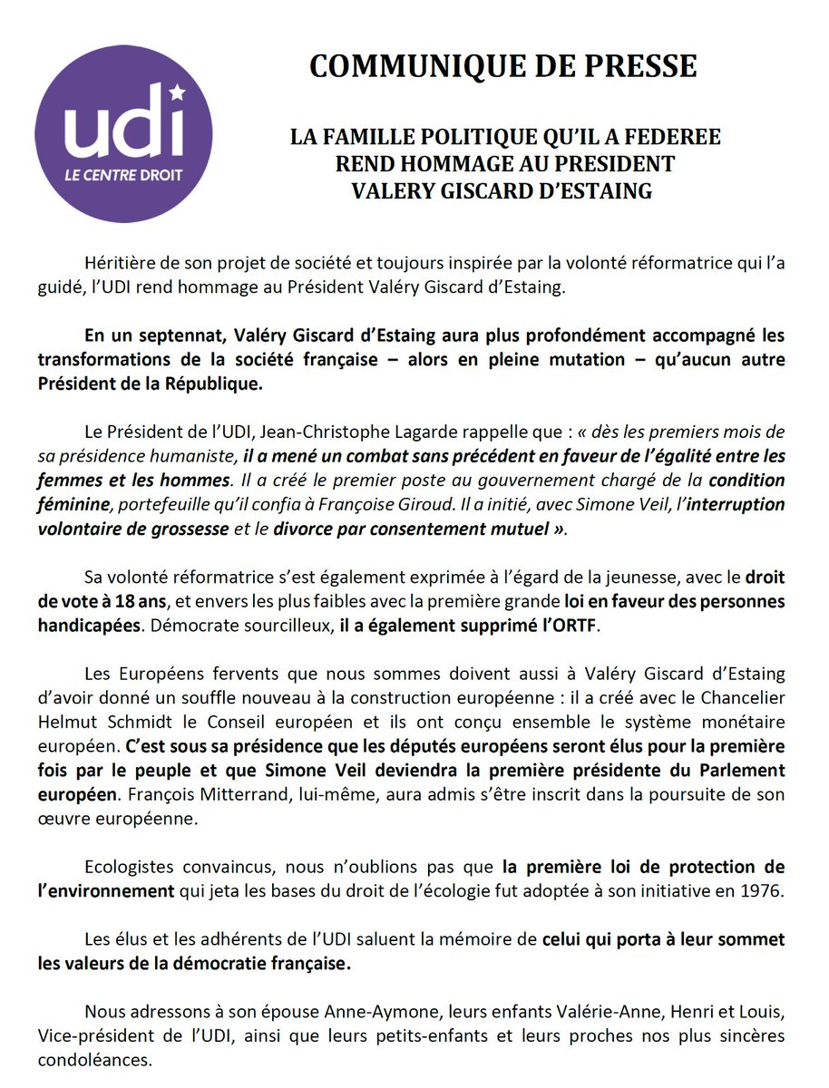 ⚫️Notre famille politique qu’il a fédérée rend hommage au Président Valéry Giscard d’Estaing qui a porté à leur sommet les valeurs de la démocratie française.