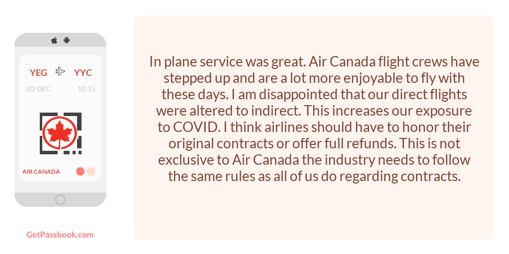 getpassbook's tweet photo. "In plane service was great. Air Canada flight crews have stepped up and are a lot more enjoyable to fly with these days.  

I am disappointed that our direct flights were altered to indirect.  This increases our exposure to COVID.

I think ..." #getpassbookreviews @AirCanada https://t.co/pgrPL9EXWm