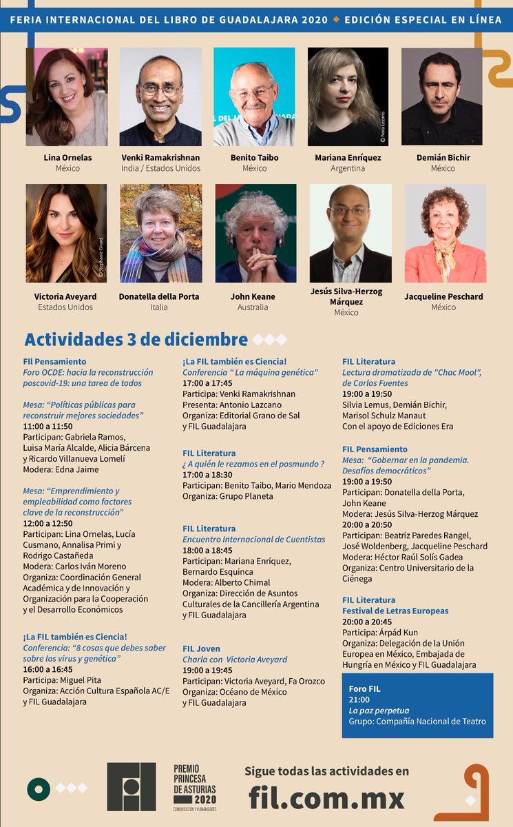 Les comparto las actividades programadas en la <a href="/FILGuadalajara/">FIL Guadalajara</a> para el jueves 3 de diciembre.