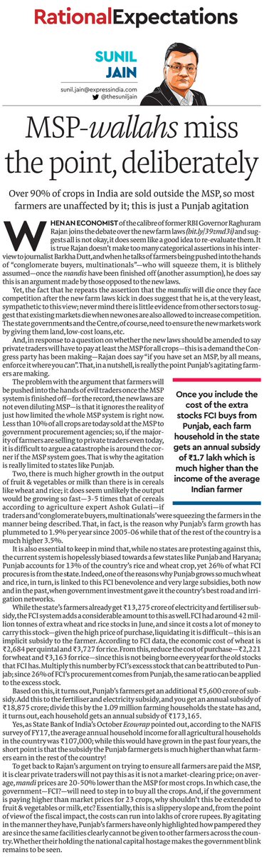 By asking for banning any purchases below MSP  @INCIndia is essentially asking for household expenses on food to go up 20-50%This is now a demand of the agitating Punjab farmersAmazingly even former  @RBI Governor Raghuram Rajan is backing a version of this, ignoring its costs