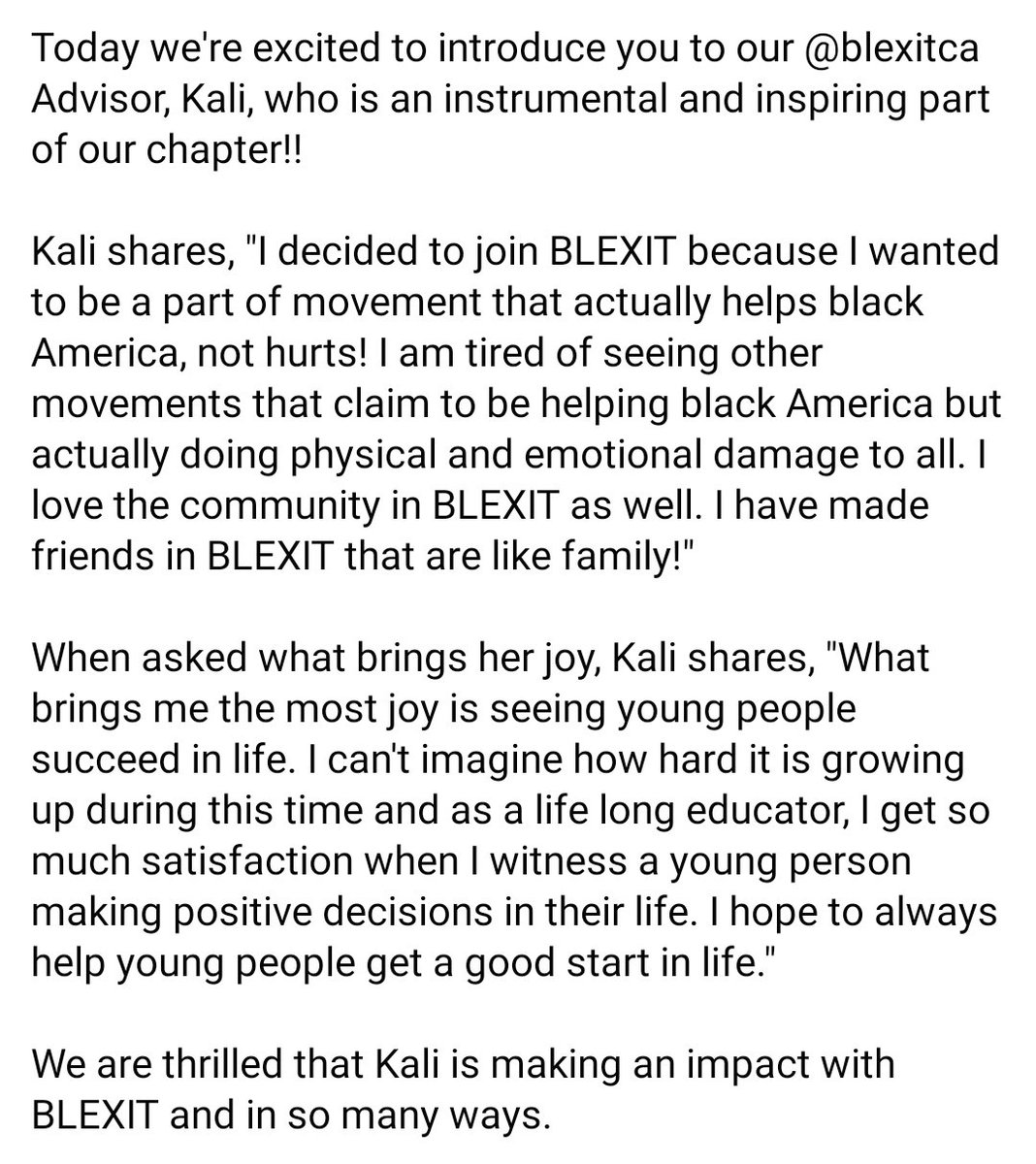 BlexitCA's tweet photo. Meet our @blexitca Advisor, Kali!
#BLEXIT #BlexitCA #USA #WeTheFree #FreeThinker #BlexitBuilds #Freedom #Education #Conservatism #Community #SchoolChoice #CandaceOwens #BrandonTatum #TPUSA #WalkAway #Faith #Family #Inspire #Educate #Teach #Lead #Giving #HardWork #Intellect https://t.co/tDXDSvj2xh